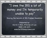 Video10.flv http://getirshelpvideos.com - If you owe the IRS and do not have the money to pay, there is a solution. Tax Attorney Darrin T. Mish explains how Currently not Collectible or Hardship Status may be the solution for you. video by IRSproblemsolver